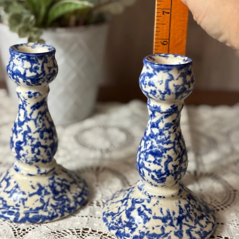 Staffordshire Chelsea Works Burslem Artisan Blue Cream Ceramic Candle Holders